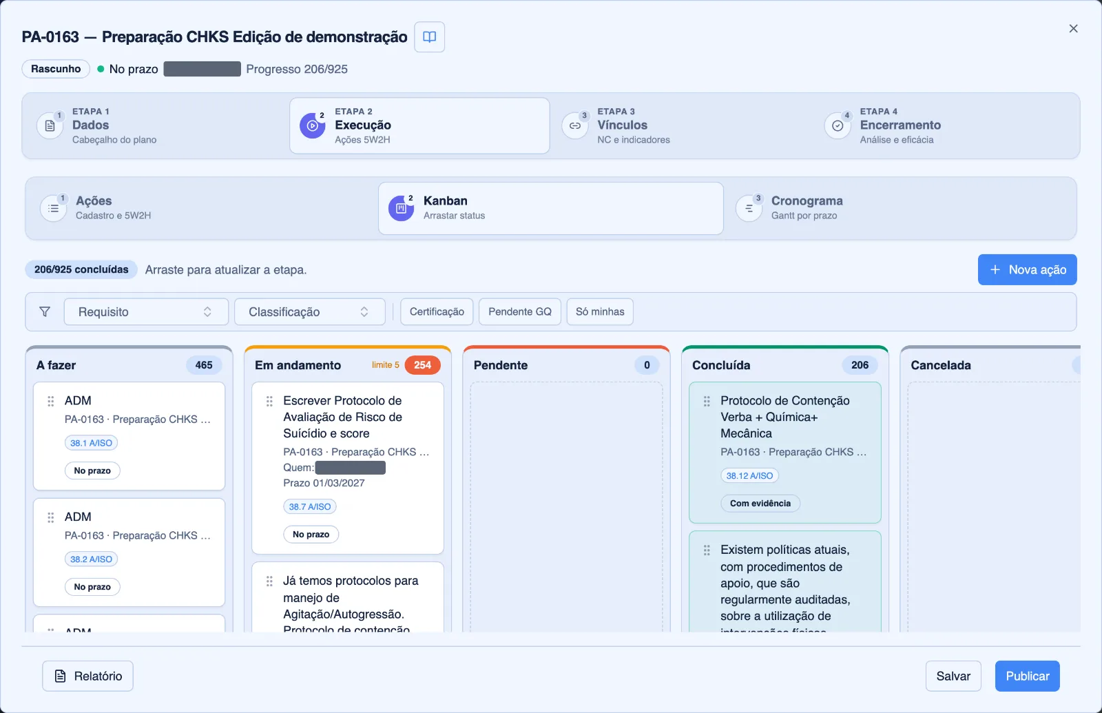 As ações em 5W2H aparecem em Kanban e cronograma, com aviso de prazo, e o Gestor da Qualidade finaliza a ação concluída.