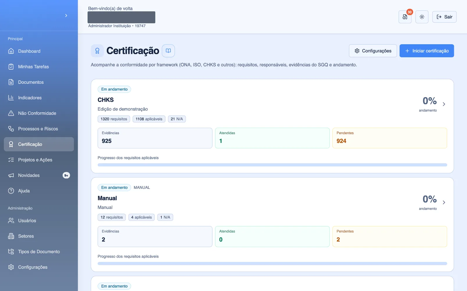 Programas de certificação com o andamento de cada um.