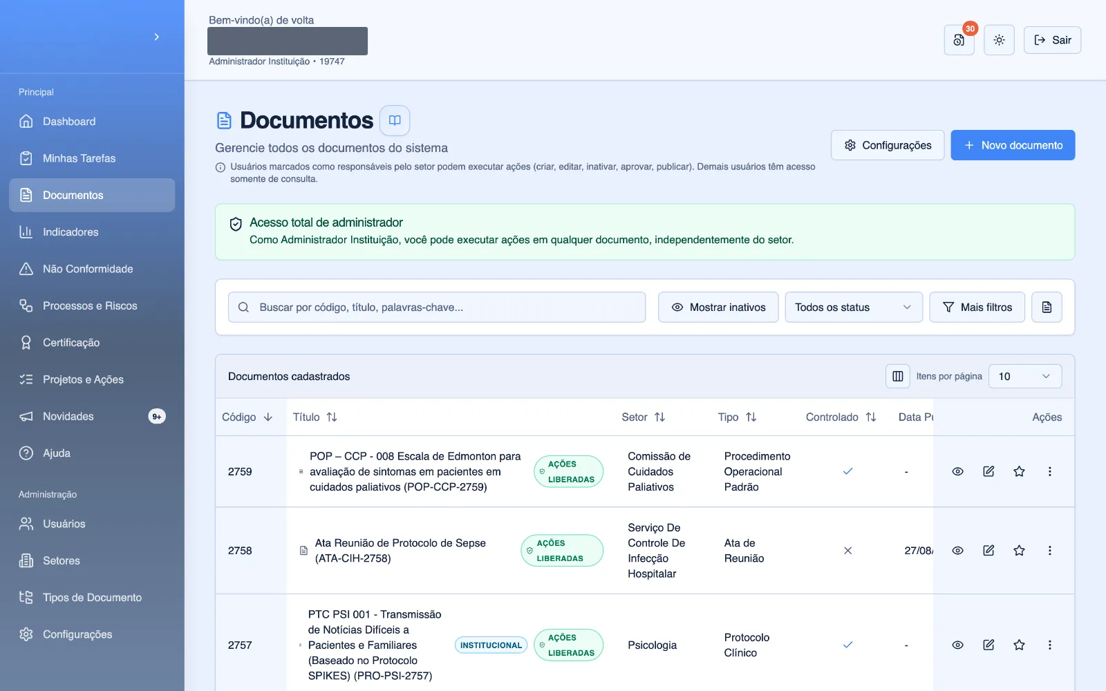 Lista de documentos com código, tipo, setor, status e vencimento