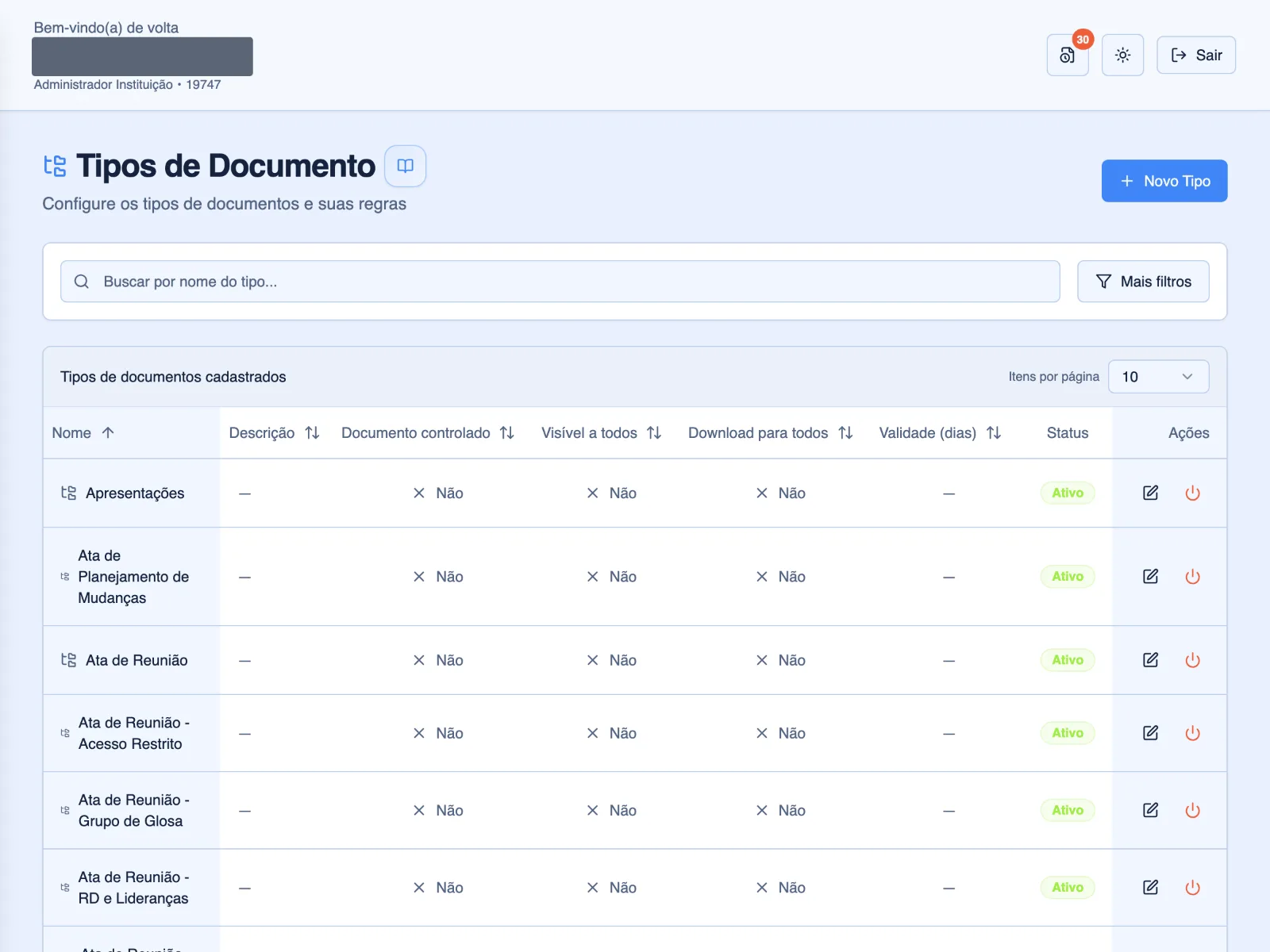 Tipos de documento com controle, visibilidade e download definidos